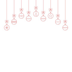 Hanging Christmas balls on background with copyspace. Festive ornament. Vector