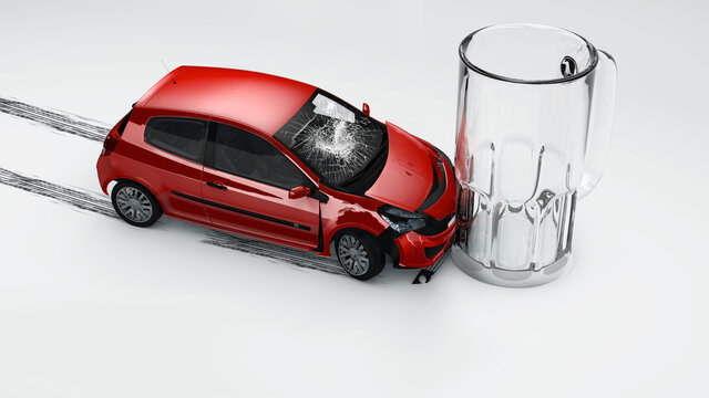 Don't drink and drive - Auto accident involving one car and glass of beer isolated background white. Concept Ads. Crashed car 3D render.