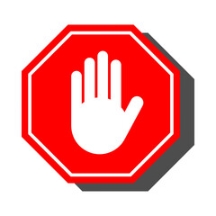 Red Stop Hand Block Octagon Sign or Adblock Icon with Shadow. Vector Image.