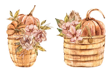 Autumn hand painted watercolor pumpkin with flowers, bouquets. Illustration isolated on white background. Thanksgiving clipart, Halloween illustration.Boho interior decor. Fall flowers, yellow leaves