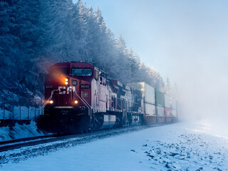 approaching train on railways on foggy and cold morning
