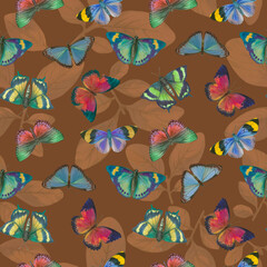 Seamless botanical pattern. Multicolored butterflies on a brown background from leaves. bright butterflies painted in watercolor, suitable for design, cards, packaging.