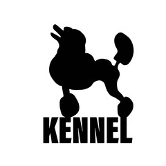 Monochrome logo of the kennel of dogs breed poodle. The text logo is black and white.