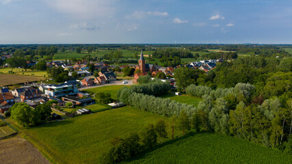 Aerial view towards the village of Puivelde, in East Flanders,  Belgium