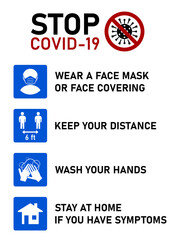 Stop Covid-19 Coronavirus Instructions in English including Wear a Face Mask or Face Covering, Keep Your Distance 6 ft or 6 Feet, Wash Your Hands and Stay at Home If You Have Symptoms. Vector Image.
