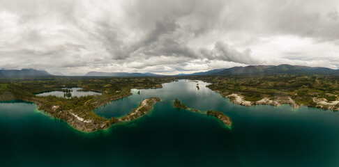 Beautiful Panoramic View of Scenic Lake, Islands and Forest in Canadian Nature. Aerial Done Shot taken near Klondike Highway. Lewes Lake, South of Whitehorse, Yukon, Canada. © edb3_16