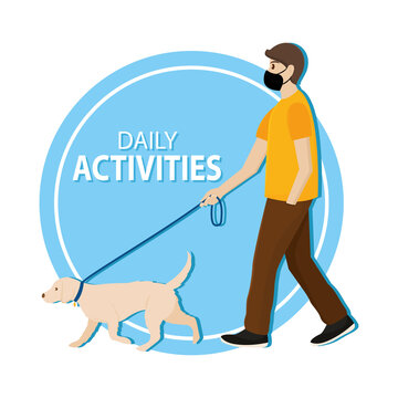 Isolated man walk dog with mask coronavirus protection- Vector