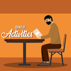 Man restaurant with mask protection coronavirus banner- Vector