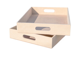 Par de bandejas apiladas de MDF fibrofacil madera en fondo blanco estilo ecommerce