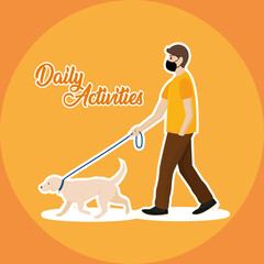 Man walk dog with mask coronavirus protection logo - Vector