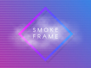 Neon smoke effect on retro background. Purple and blue rhombus with horizontal lines. Futuristic concept with glowing element and text. Vector illustration