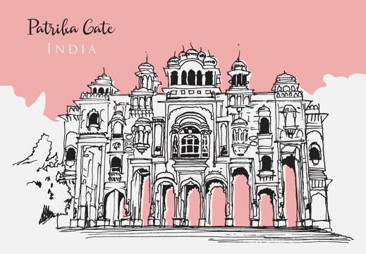 Drawing sketch illustration of Patrika Gate in India