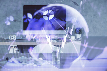 Multi exposure of financial graph drawing and office interior background. Concept of market analysis.