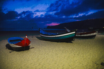 Watercolor drawing of colorful wooden boats on Nazare beach at twilight, Traditional Portuguese fishing boats in Nazare on coast, dramatic sky, white sandy beache of Portugal