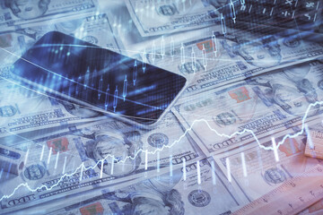 Double exposure of forex graph drawing over us dollars bill background. Concept of financial markets.