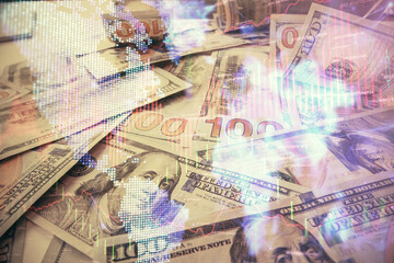 Multi exposure of forex chart drawing over us dollars bill background. Concept of financial success markets.