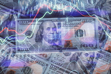 Naklejka premium Multi exposure of forex chart drawing over us dollars bill background. Concept of financial success markets.
