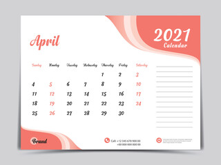Desk Calendar 2021 template creative design, April 2021 month, Simple, planner, Week starts from Sunday. vector eps10. Orange abstract background