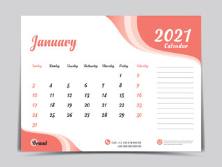 Desk Calendar 2021 template creative design, January 2021 month, Simple, planner, Week starts from Sunday. vector eps10. Orange abstract background