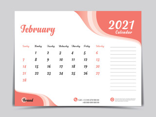 Desk Calendar 2021 template creative design, February 2021 month, Simple, planner, Week starts from Sunday. vector eps10. Orange abstract background