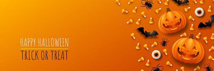 Happy Halloween composition. Banner with party decorations. Jack O' Lantern pumpkins, spiders and candies. Vector illustration.