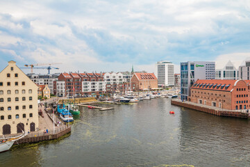 Naklejka premium Gdansk, Poland - 19 June 2020: City of Gdansk (Danzig), Poland. Panoramic view of colourful historic houses in Old Town.