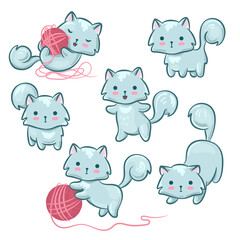 Vector illustration set with cute cartoon kitten.