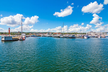 Fototapeta premium Yachts and motorboats moored in yacht haven Marina in Sopot, Poland