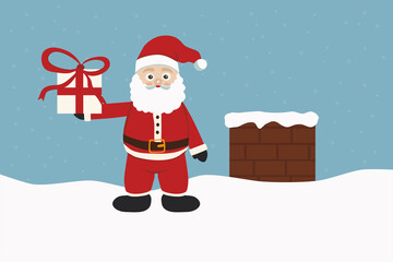 Cute Santa Claus on the roof and with a gift in hand. Christmas and New Year concept. Copy space for text or design. Flat styles vector illustration