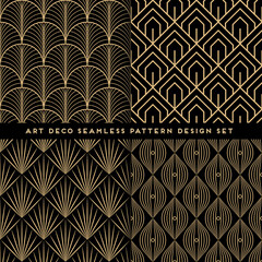 Art deco style seamless pattern design set - golden line repeat patterns on black background
