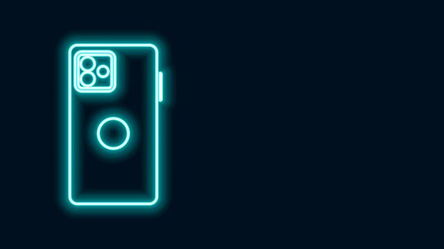 Glowing neon line Smartphone, mobile phone icon isolated on black background. 4K Video motion graphic animation