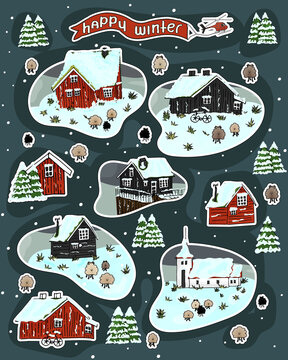 Set of snowy wooden scandinavian houses with grass on the roof, christmas trees, sheep, Happy winter text with helicopter