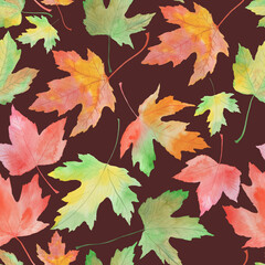 seamless pattern, watercolor illustration, autumn fallen leaves, oak, maple, wallpaper and fabric ornament, wrapping paper