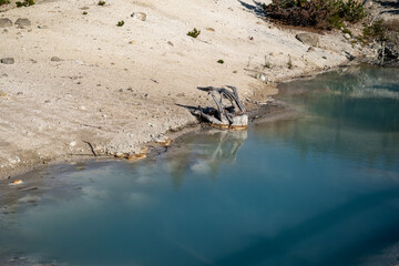 Geysers and hot springs along the Porcelain Basin Trail in Norris Geyser Basin at Yellowstone National Park