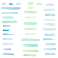 Watercolor lines clipart set. Green and blue hand-drawn lines.Textured brush strokes, illustration, isolates.