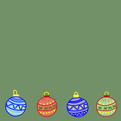 Set of Christmas balls on green background. Colorful illustration. Outline drawing, simple linear sketch. Merry Christmas and new year greeting. Copy space.