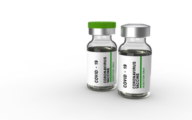 3d Illustration of Corona Virus or Covid-19 vaccine in a small glass bottle with label on and green metal lid isolated on white background. Covid-19 concept. Corona Virus pandemic situation.