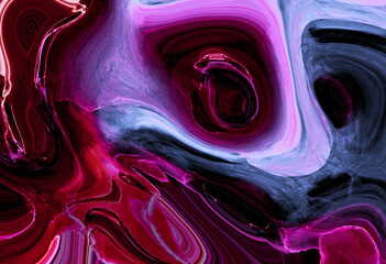 Bright neon dark blue, red and pink abstract liquid paint textured background. Holographic pattern...