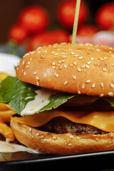 burger with cutlet, cheese and tomatoes. With french fries and burger sauce