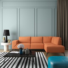 3D rendering. Orange sofa. Living room modern decoration.