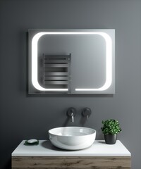 Modern bathroom interior with stylish illuminated mirror and sink. 3d rendering