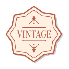 Closeup flat vintage colored label with grunge decorative element. Package sticker frame text template. Retro shape border banner, menu design. Single vintage badge isolated vector illustration