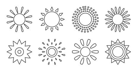 Set of black line sun icons. Empty simple different shapes solar. Design logo elements sunlight morning, weather, spring. Round pictogram sunny energy for web or app. Isolated vector illustration