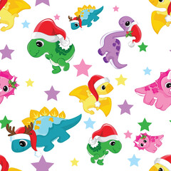 Cute winter seamless pattern dinosaurs. Vector Illustration - White Background