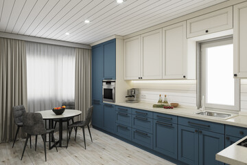 Renovation of the kitchen in white and blue colors. 3d rendering
