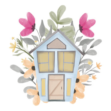 Watercolor hand painted floral house for homey illustration