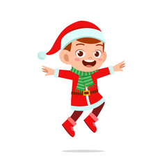 happy cute little kid boy and girl wearing red christmas costume and jump