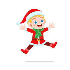 happy cute little kid boy and girl wearing red christmas costume and jump