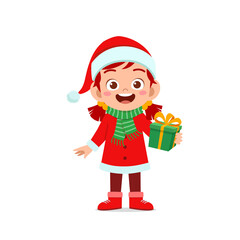 happy cute little kid boy and girl wearing red christmas costume and holding present