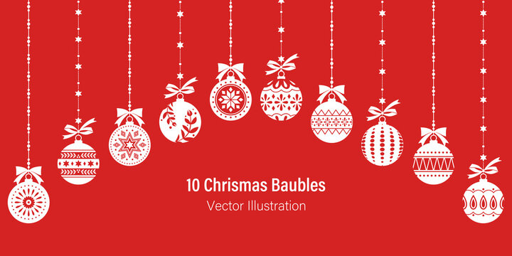 Hanging white Christmas balls on red background. White silhouettes of 10 different Christmas baubles. Flat vector illustration.
